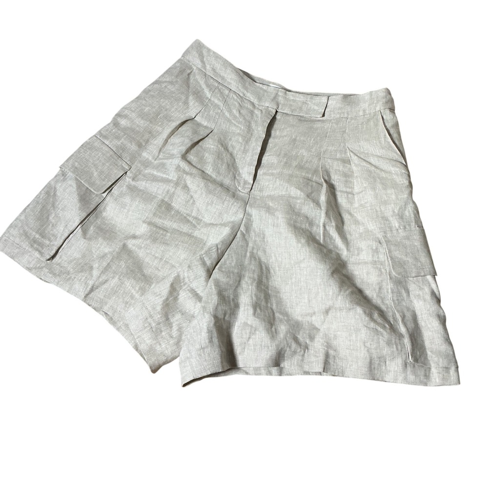 Elle Grey Coastal Linen Cargo Pleated Shorts Womens L Beige Utility 6364EPC